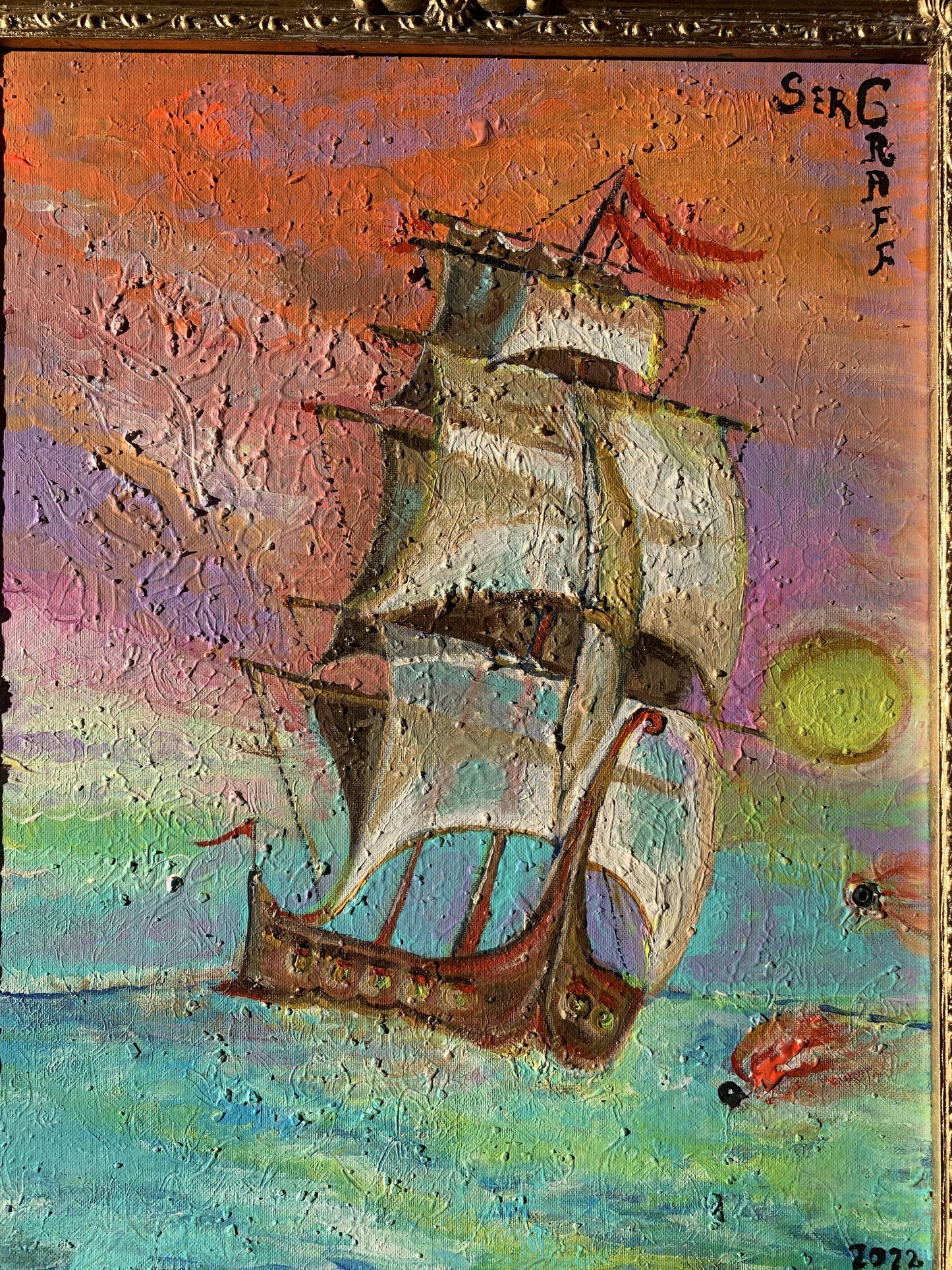 Textured Abstract Painting on Canvas by Serg Graff, "Naval Battle", seascape,  COA