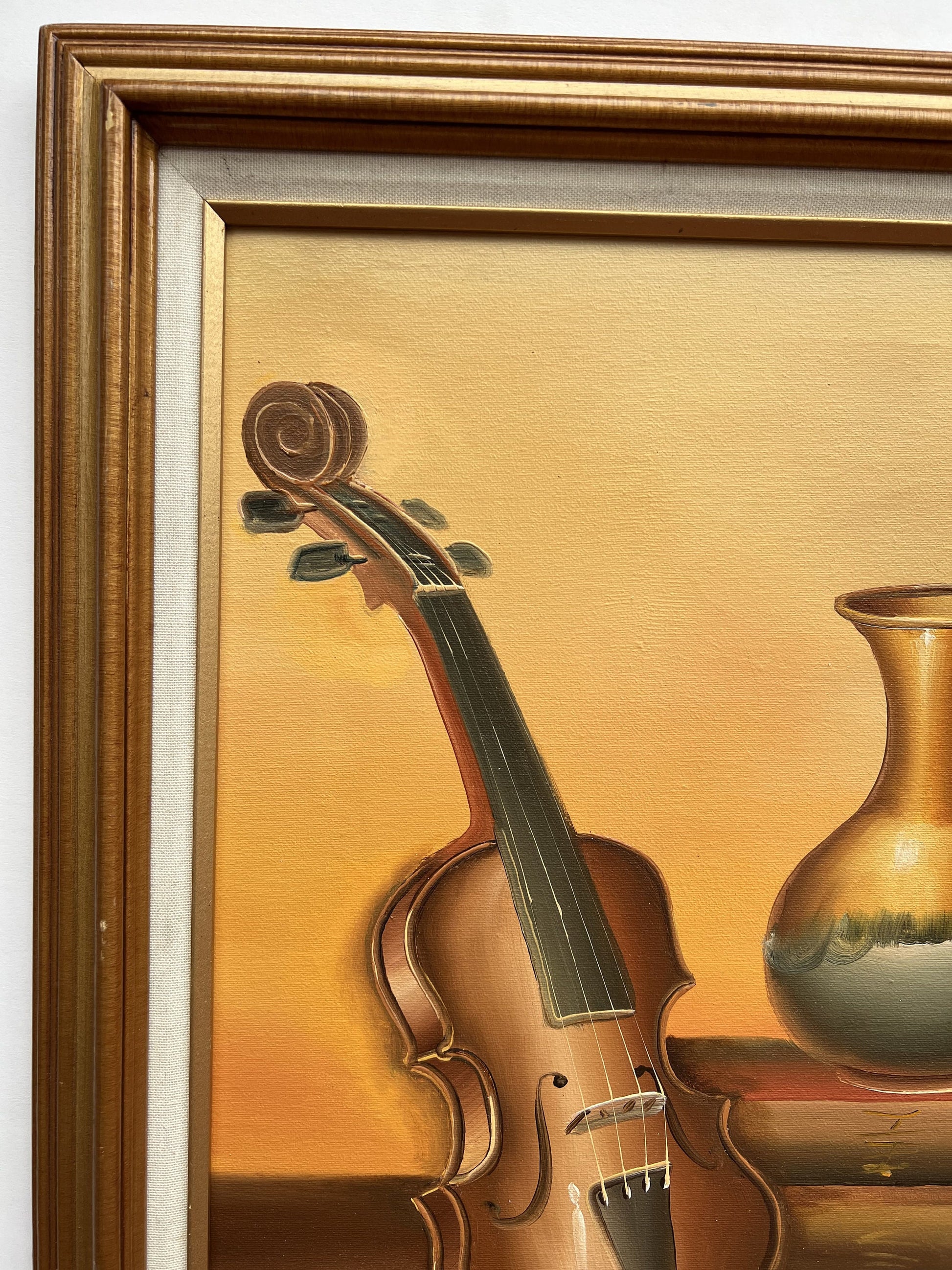 Original Still Life oil painting on canvas, Books, Violin, Framed
