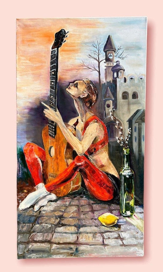 Large Original Oil Painting on canvas contemporary Art young woman with a guitar