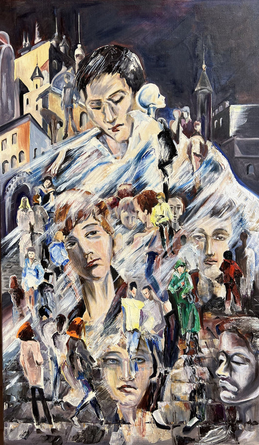 Large Original Oil Painting on canvas contemporary Art cityscape with many faces in the foreground