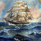 Framed Vintage Oil painting on Canvas, Sailing ship in the ocean, Signed JJ