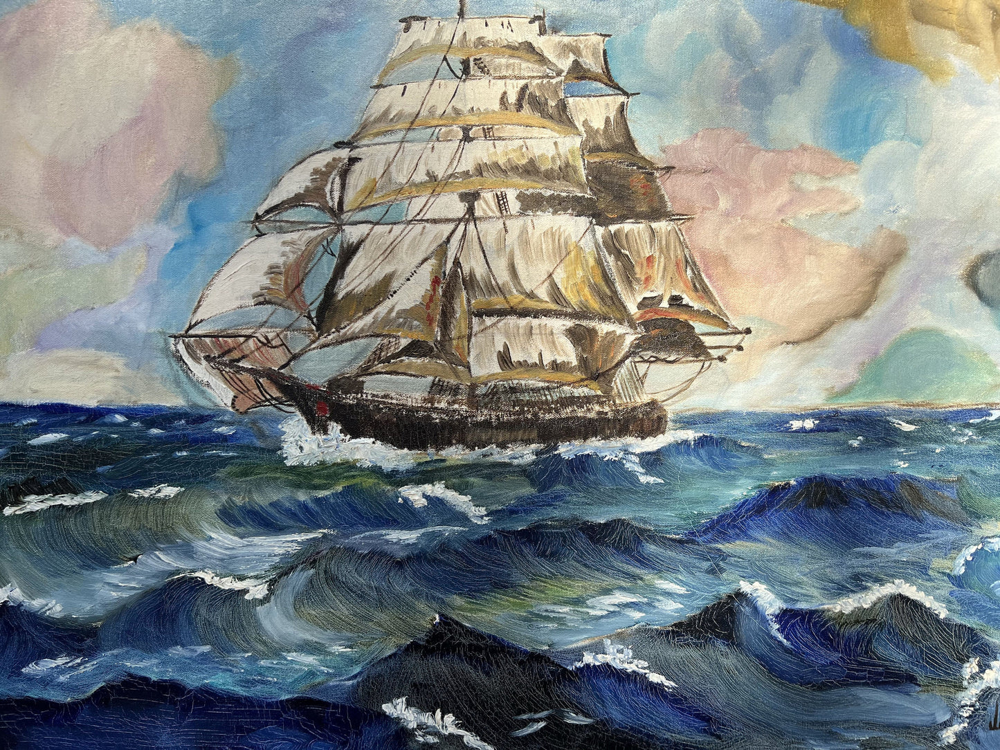 Framed Vintage Oil painting on Canvas, Sailing ship in the ocean, Signed JJ