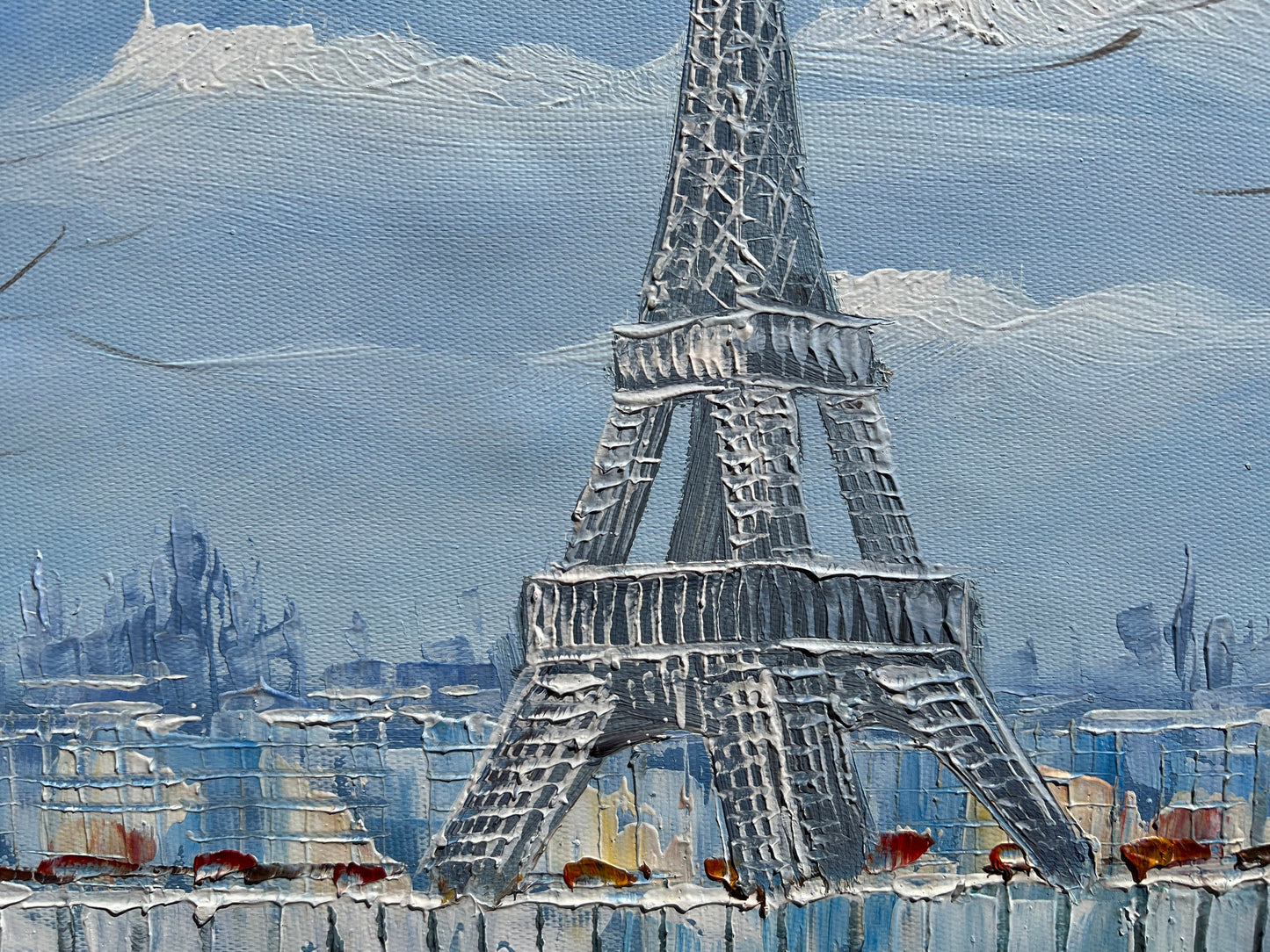 Oil painting on canvas, Cityscape, Paris, Eiffel Tower view, Signed, Framed