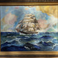 Framed Vintage Oil painting on Canvas, Sailing ship in the ocean, Signed JJ