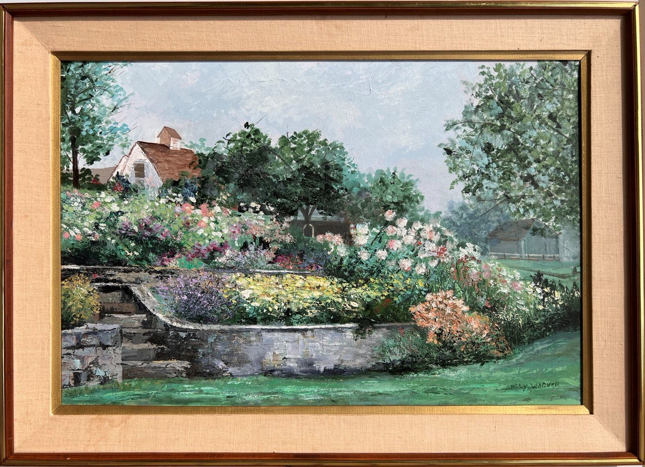 American Artist Sally Wagner Vintage 1990 painting on canvas, Flowers Garden